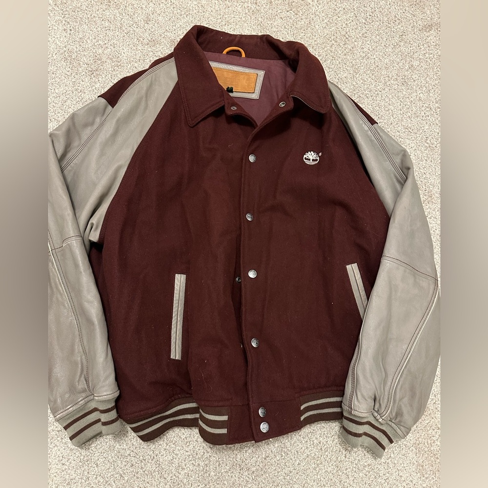 timberland varsity style bomber jacket wool leather snap button mens 6XL 90s 00s